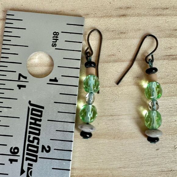 Artisan Green Glass Bead Dangle Earrings – Boho Handmade Vibe - Picture 4 of 7